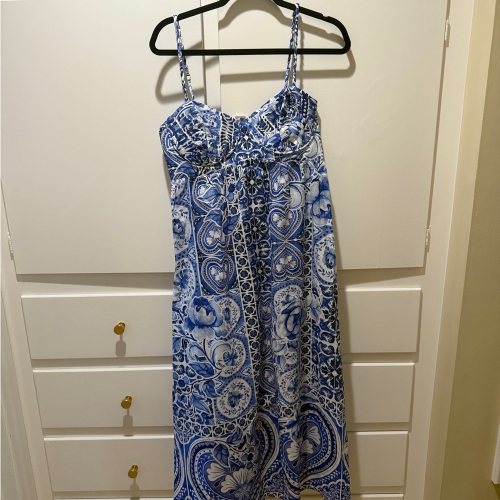 Caroline Constas Blue and White Patterned Maxi Dress